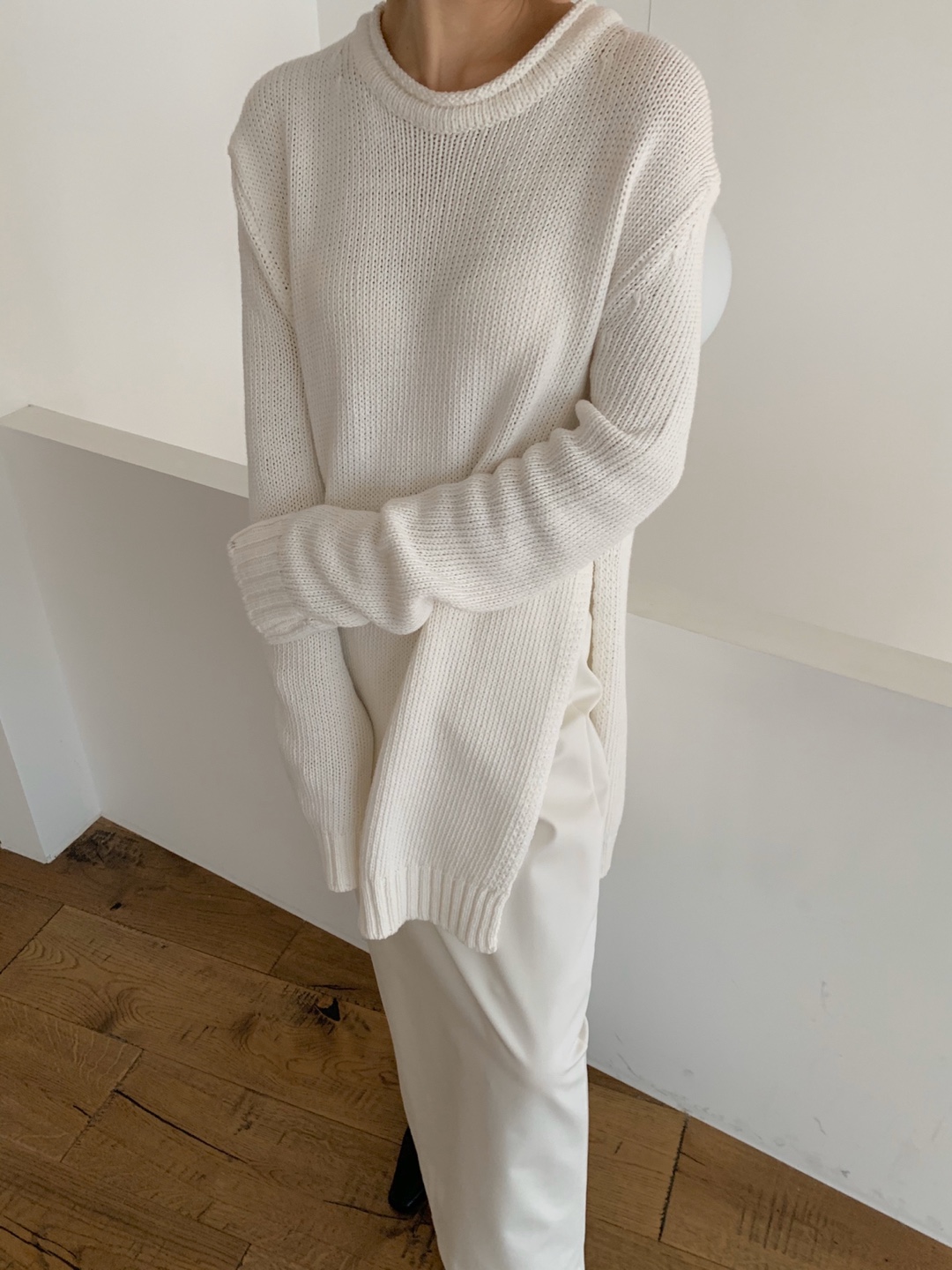 slit long knit -white
